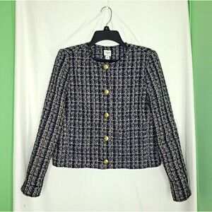 J.CREW Women's Blue Collarless Button Front Tweed Lady Jacket Size 6